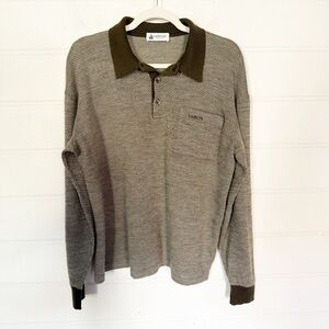 Vintage LANVIN 100% Wool Long Sleeve Herringbone Knit Polo Shirt Size Large